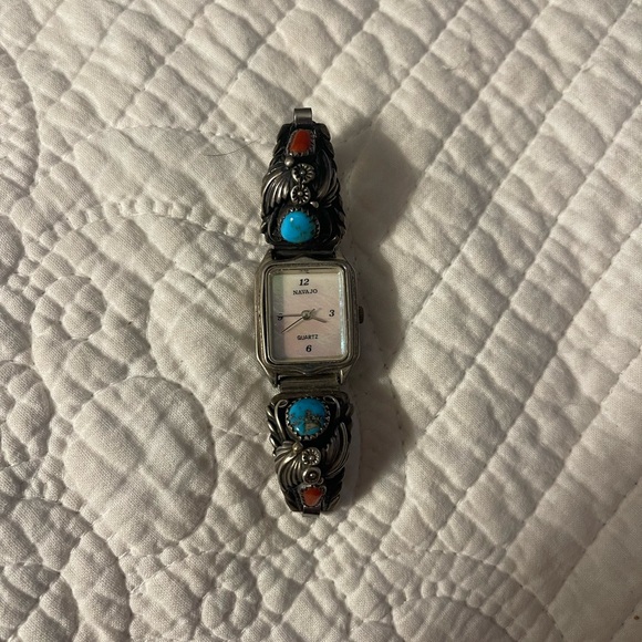 Navajo Accessories - VTG Native American Navajo Sterling Silver and Turquoise Women's Stretch Watch